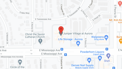 Map of the neighborhood around Juniper Village at Aurora